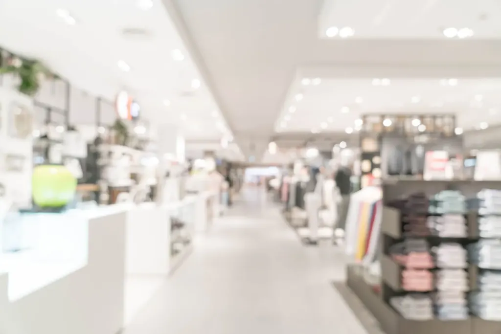 Interno luminoso di un negozio di abbigliamento con pavimenti puliti
