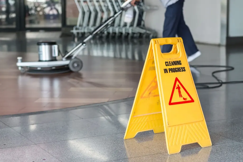 Lavaggio professionale di un pavimento con monospazzola e cartello di pavimento bagnato