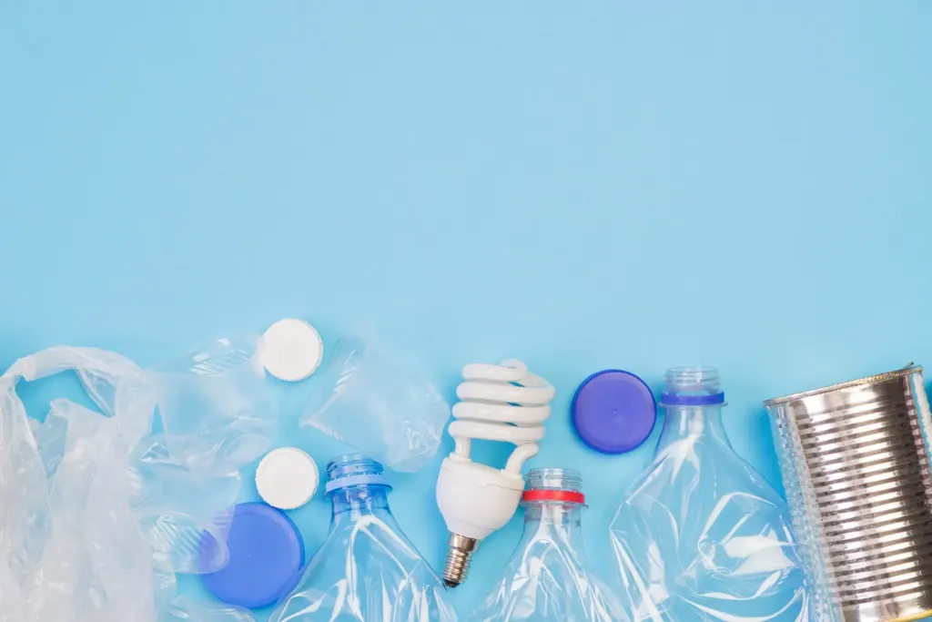 Rifiuti separati per la raccolta differenziata: plastica, lattine e lampadine